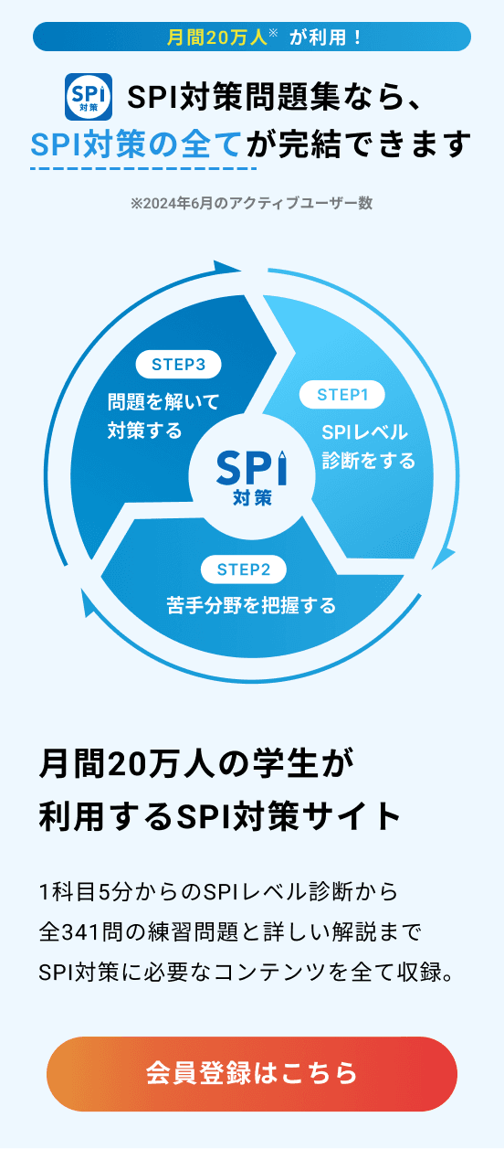 月間20万人※が利用！ SPI対策問題集なら、SPI対策の全てが完結できます ※2024年6月のアクティブユーザー数 月間20万人の学生が利用するSPI対策サイト 1科目5分からのSPIレベル診断から全341問の練習問題と詳しい解説までSPI対策に必要なコンテンツを全て収録。会員登録はこちら